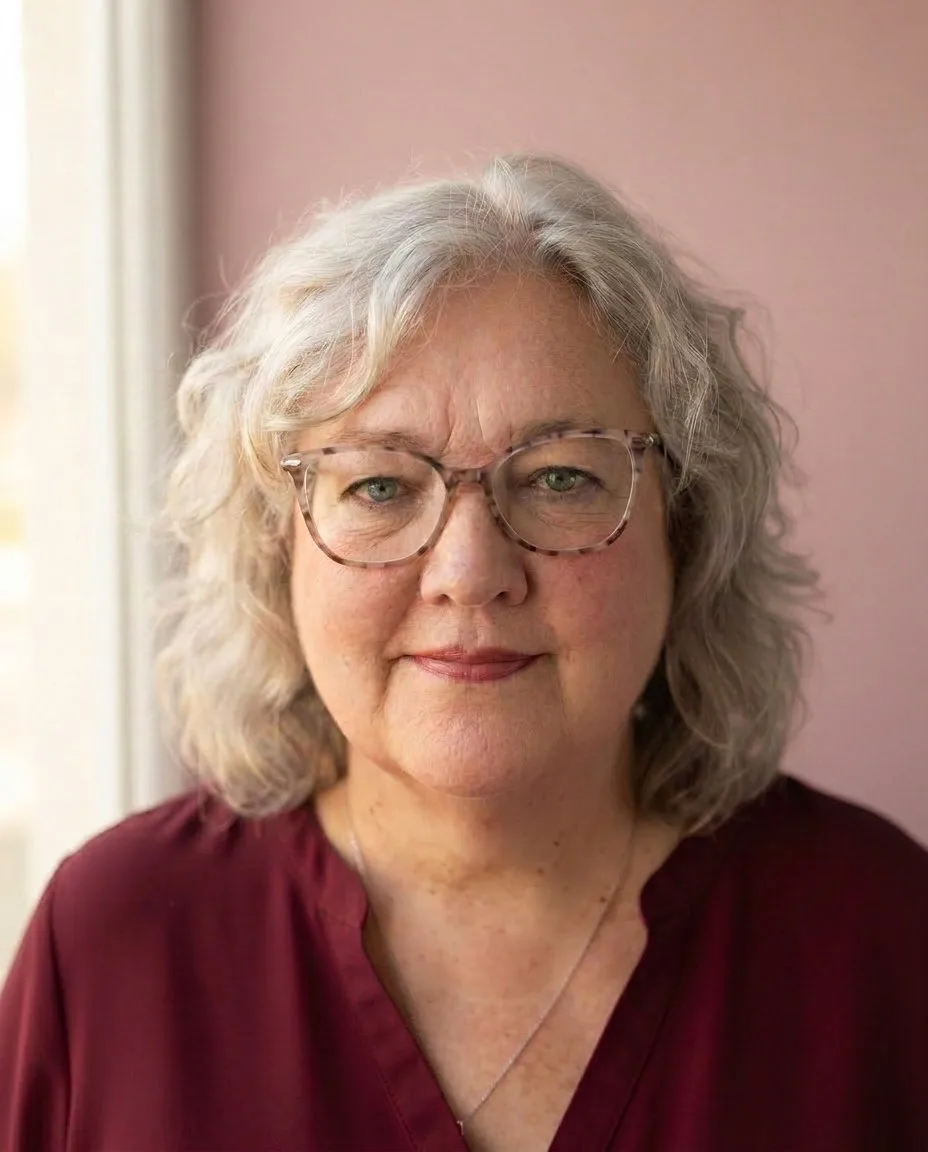 Portret van Carin in een bordeauxrode blouse, voor een roze muur