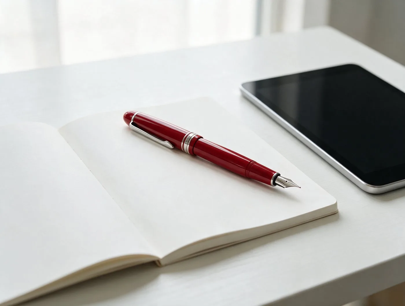 Een rode vulpen op een leeg notitieboek op een wit bureau, naast een tablet