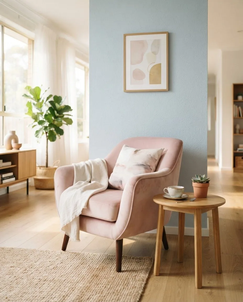 Een zachtroze fauteuil tegen een lichtblauwe muur in een lichte, moderne kamer