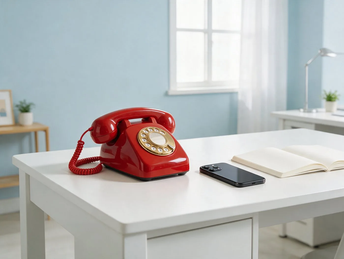 Een rode draaischijftelefoon op een wit bureau naast een smartphone, in een lichte, moderne werkkamer