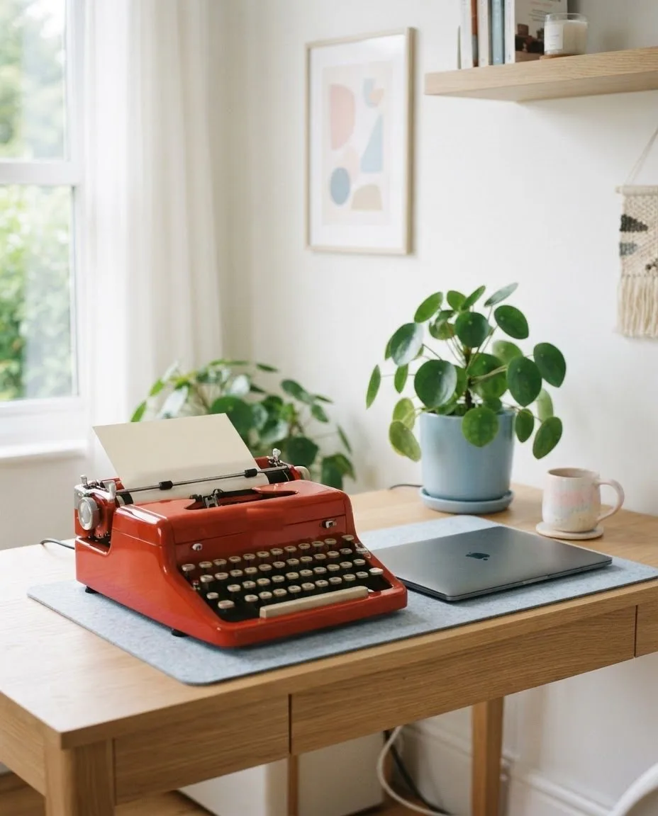 Een rode typemachine op een licht houten bureau in een moderne, lichte werkkamer, naast een laptop en een plant