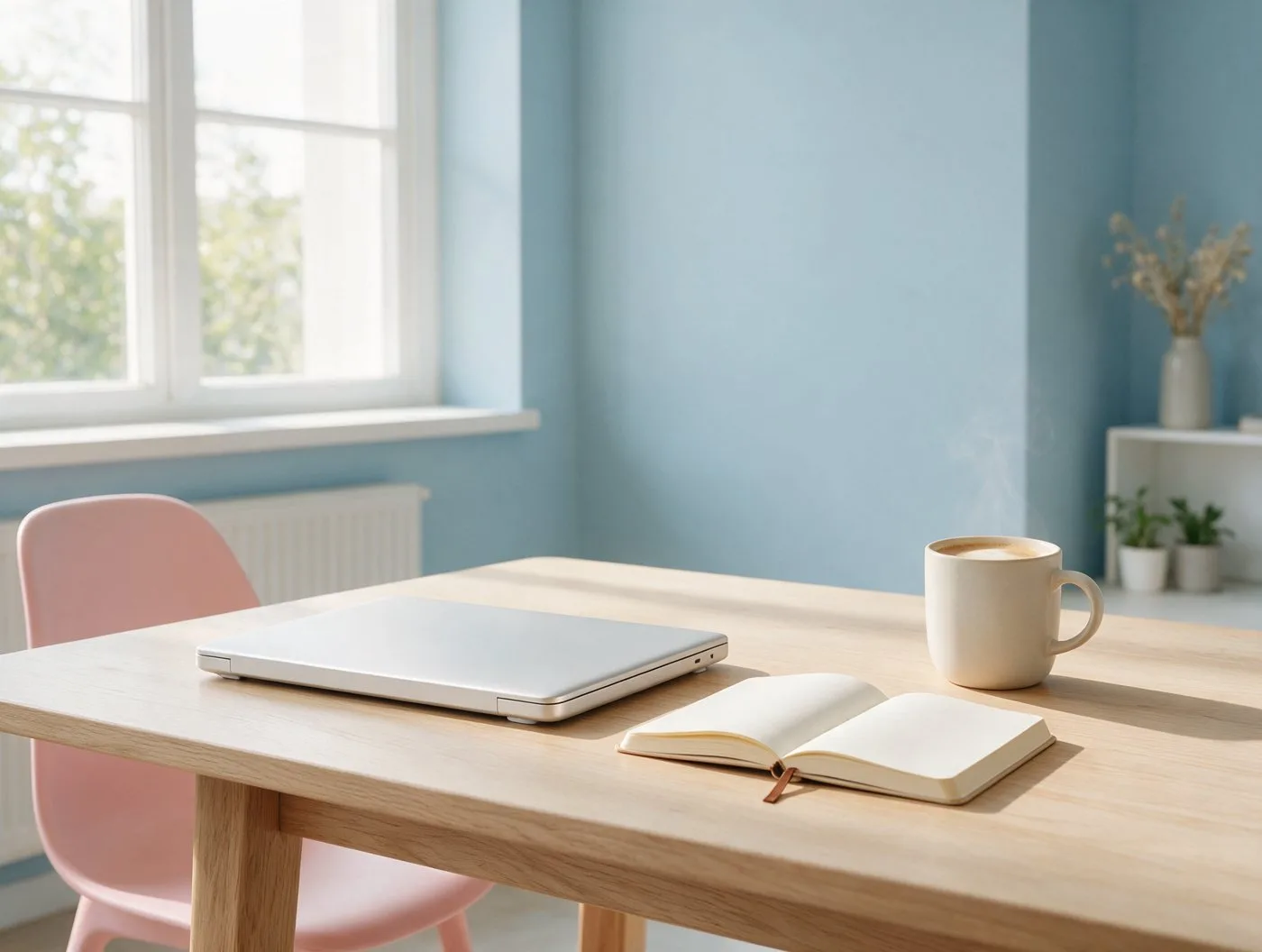 Een lichte, moderne werkplek met een laptop, een open notitieboek en een kop koffie op een houten tafel